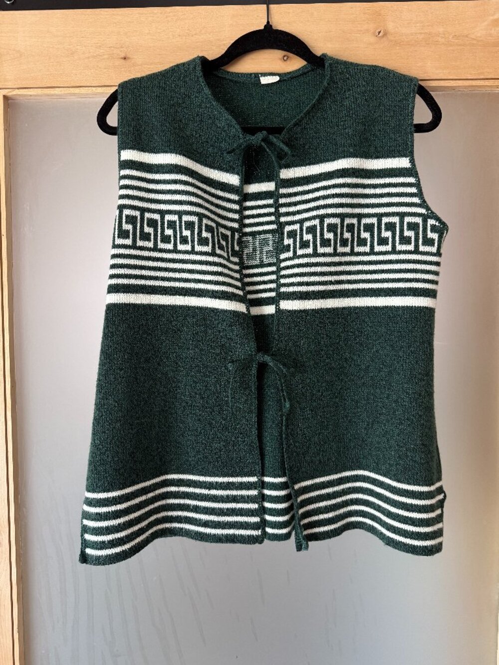 Vintage-Style Forest Green Greek Key Knit Vest - Sz L